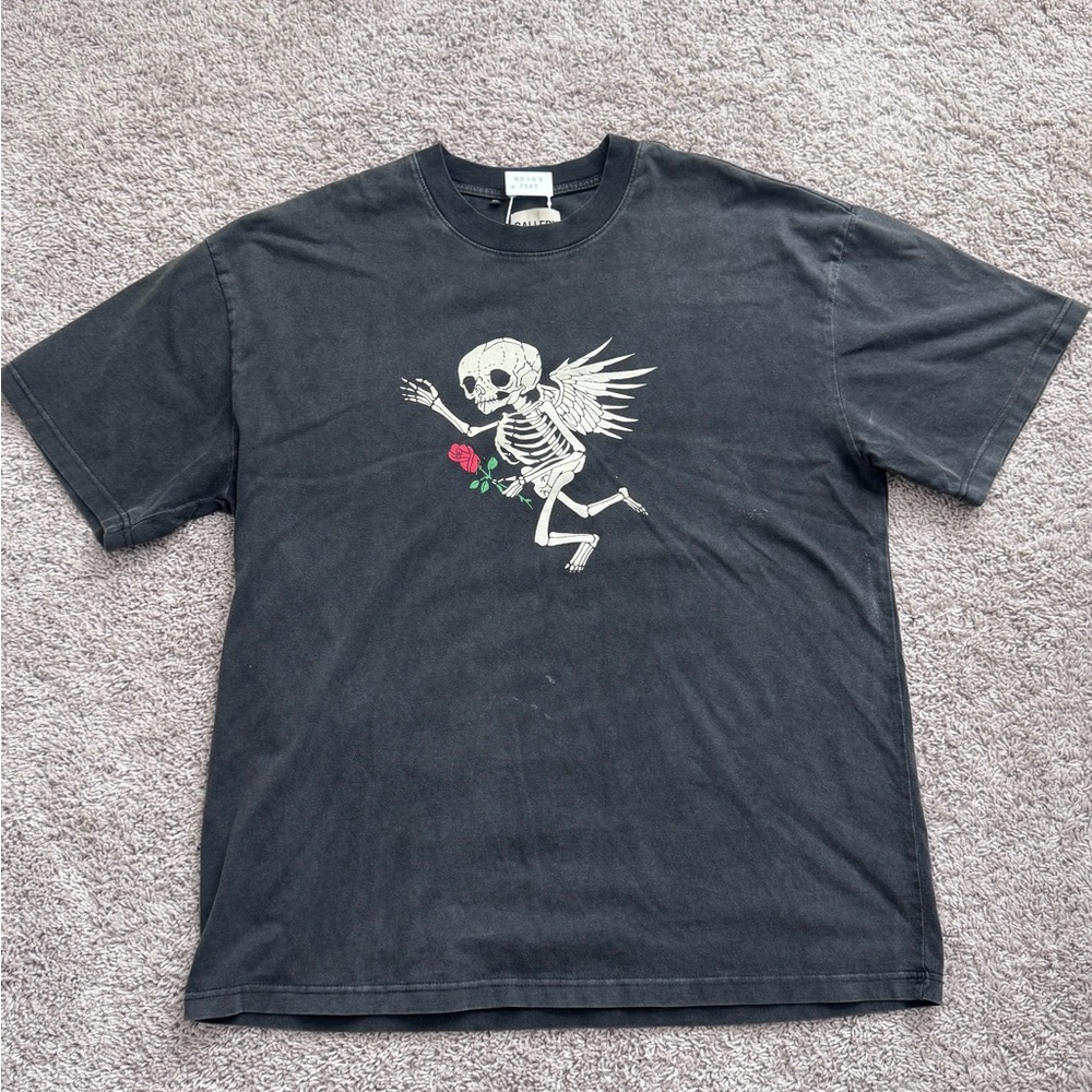 Black Graphic Skeleton Angel Tee with Red Rose